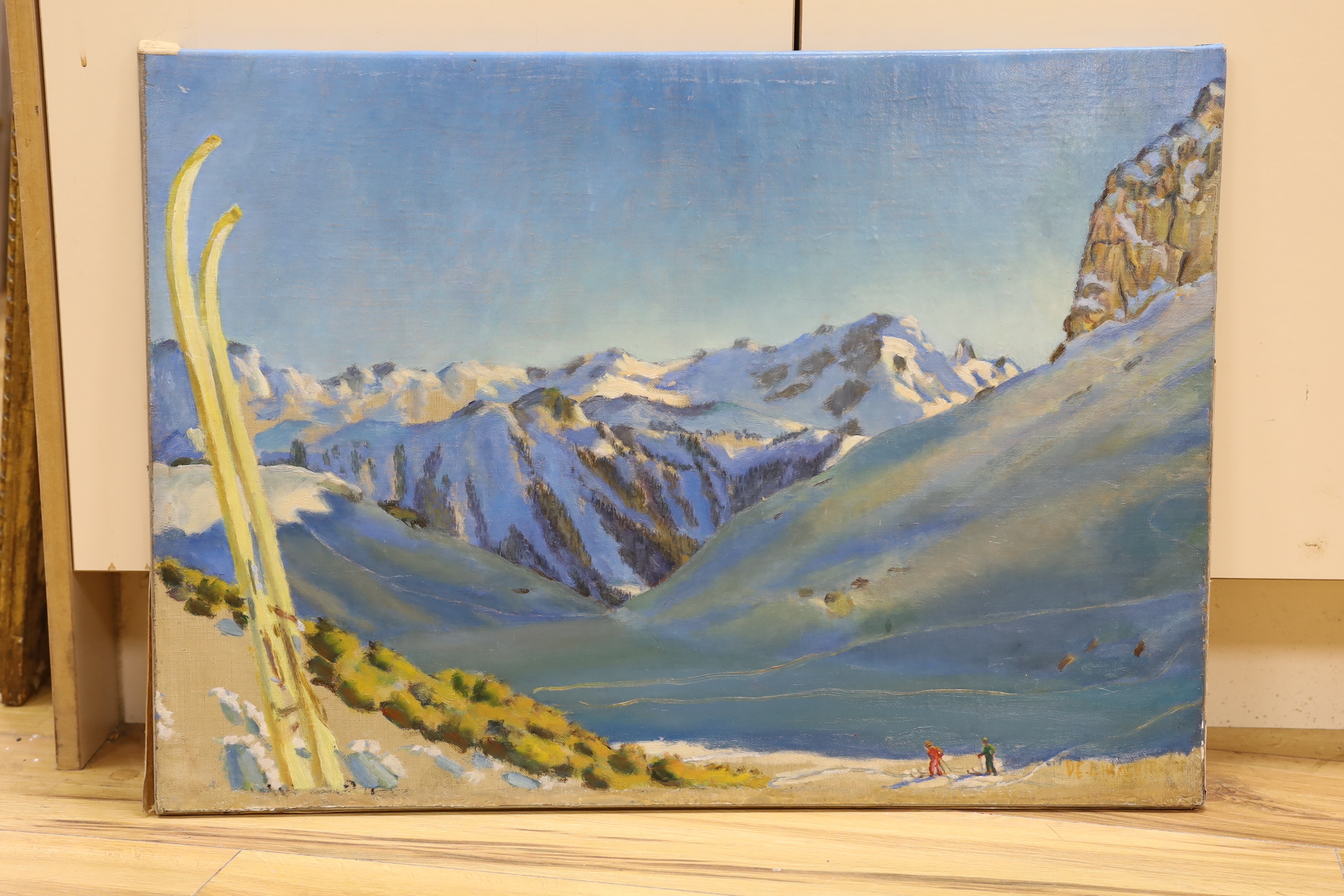 D.E.Lim..., oil on canvas, Skiers in an alpine landscape, indistinctly signed, 51 x 71cm, unframed
